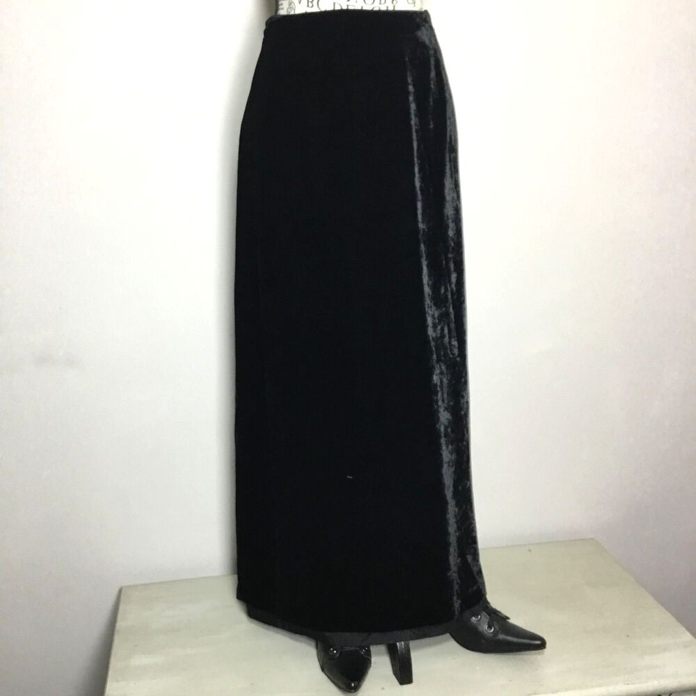 Black velvet silk blend maxi skirt satin liner witchcore witchy waist 30” sz 10